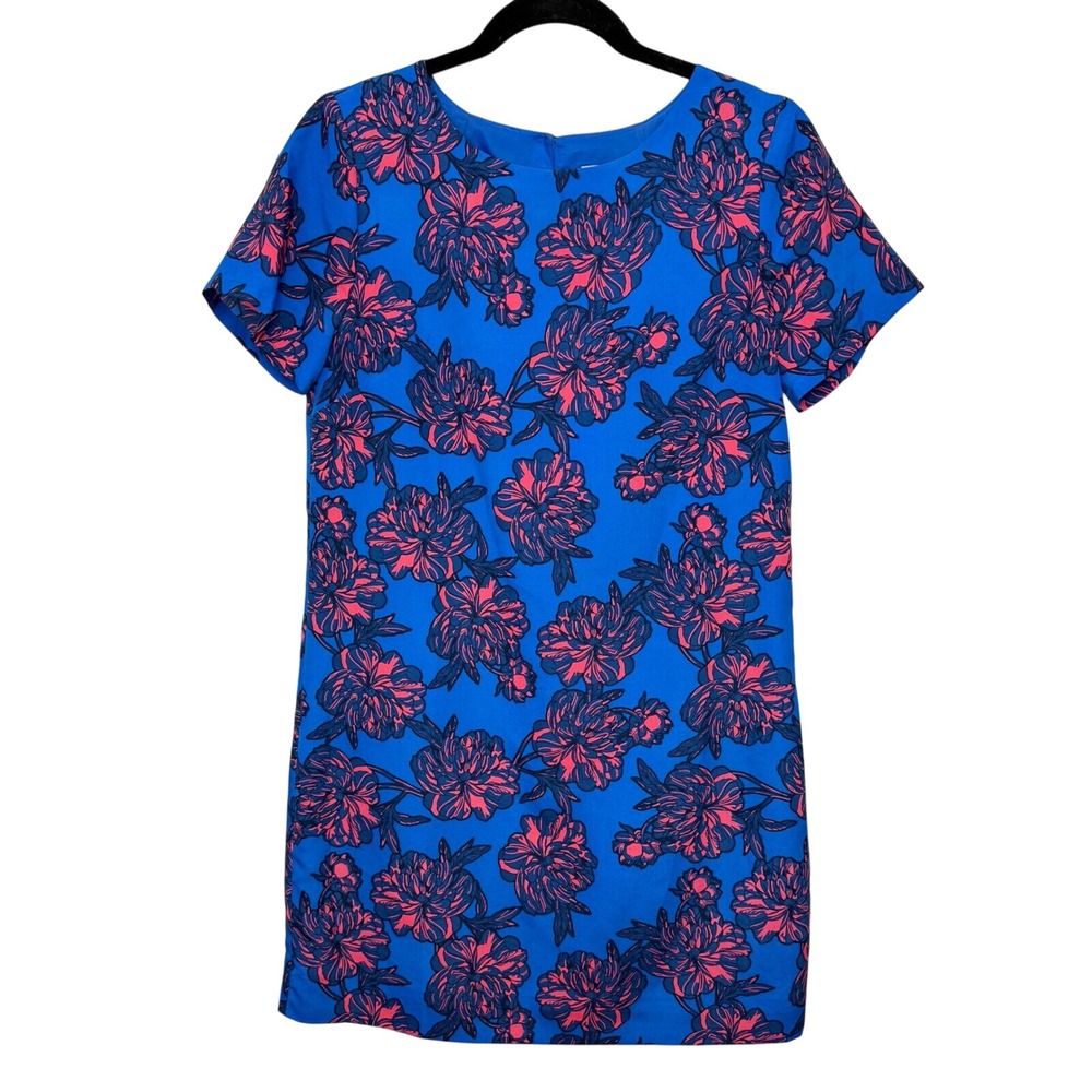 J. Crew Floral Print Shift Dress Cobalt Blue, Pink Flowers -‎ Women's Size 4